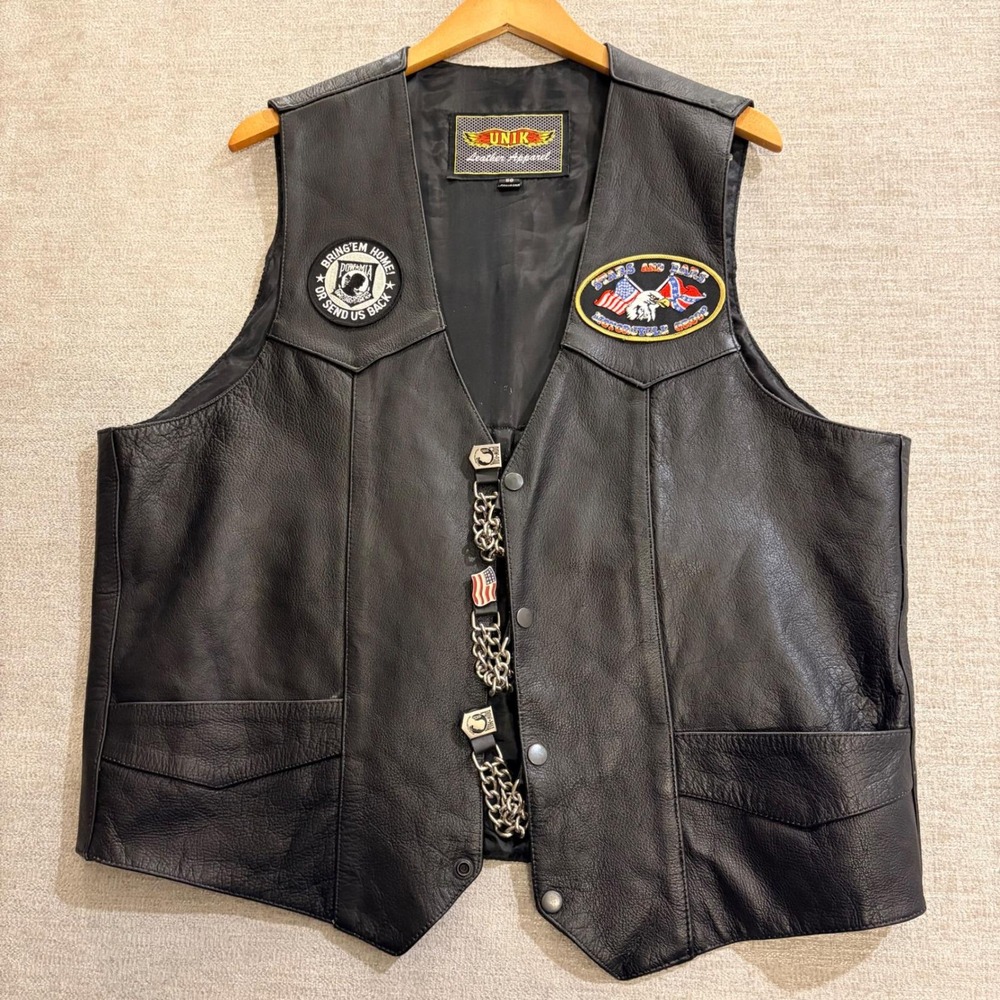 UNIK Leather Apparel Motorcycle Vest Mens Size 50 Black Classic Biker Patches